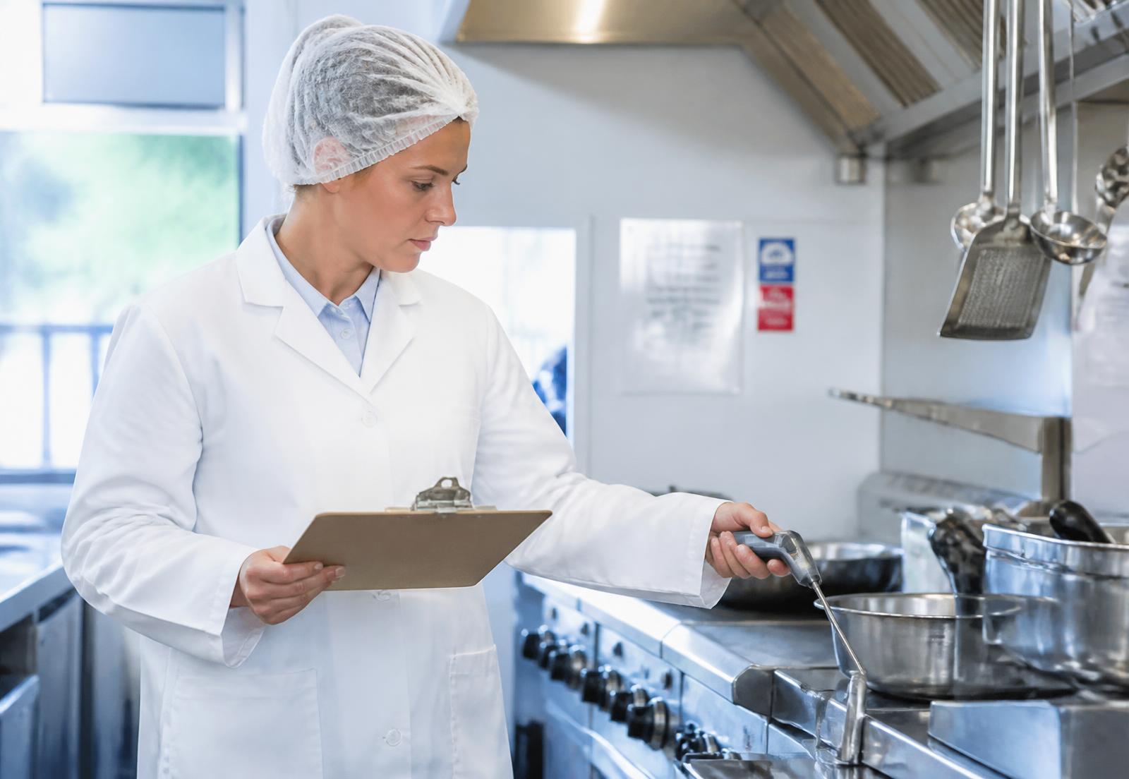 Auditrice en hygiène alimentaire contrôlant la température en cuisine professionnelle
